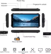WP20 Pro Telephone Portable Incassable, 6300mAh Batterie, 4Go+64Go(TF 1To), 20MP Double Caméra Arrière, 5.93''HD+ Écran, Android 12, NFC Supporté Smartphone Antichoc Étanche